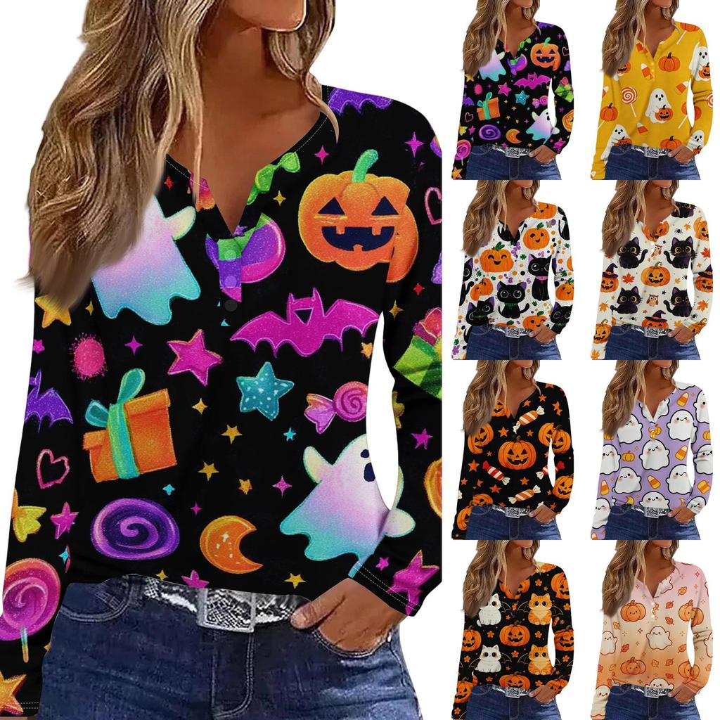 Women's Fashion Casual Halloween Print V Neck Decorative Button Long Sleeve T Shirt Top Lightweight Comfortable Fit