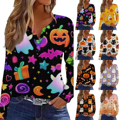 Women's Fashion Casual Halloween Print V Neck Decorative Button Long Sleeve T Shirt Top Lightweight Comfortable Fit