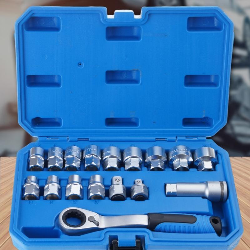 17-częściowy zestaw kluczy nasadowych przelotowych ze stali stopowej z wieloma nasadkami do zastosowań mechanicznych, oszczędzający miejsce