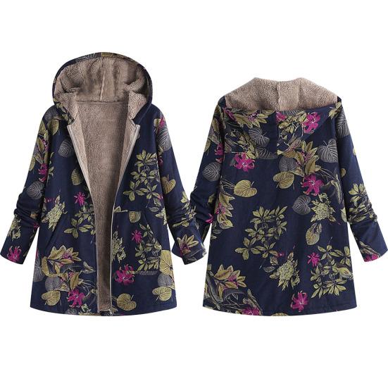 Winter Fashion Floral Leaf Print Fleece Lining Women Long Sleeve Hooded Coat