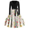 Women's Casual Christmas Print V-Neck Vintage Dress for Holiday Parties and Everyday Wear