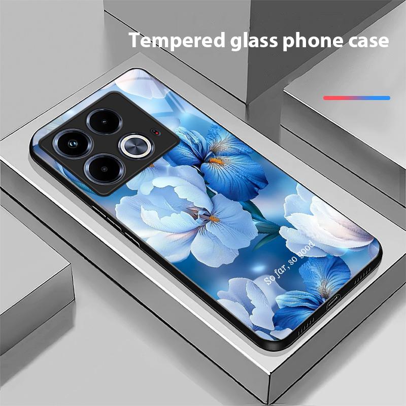 Blue Flower Element For Infinix Note 40 4G 30i 12 G96 Smart 8 Hot 9 Play 10 11S 12 20i 50 Pro Plus 5G Tempered Glass Phone Case