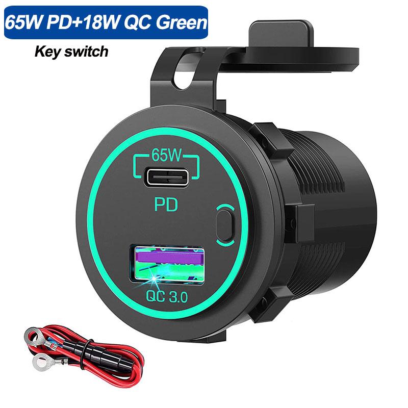 65 W PD-Autoladegerät, 12 V, 24 V, USB-Steckdose, Laptop, Motorrad, USB-C, PD, QC 3.0, USB-Anschluss, wasserdicht, mit Netzschalter für Wohnmobil