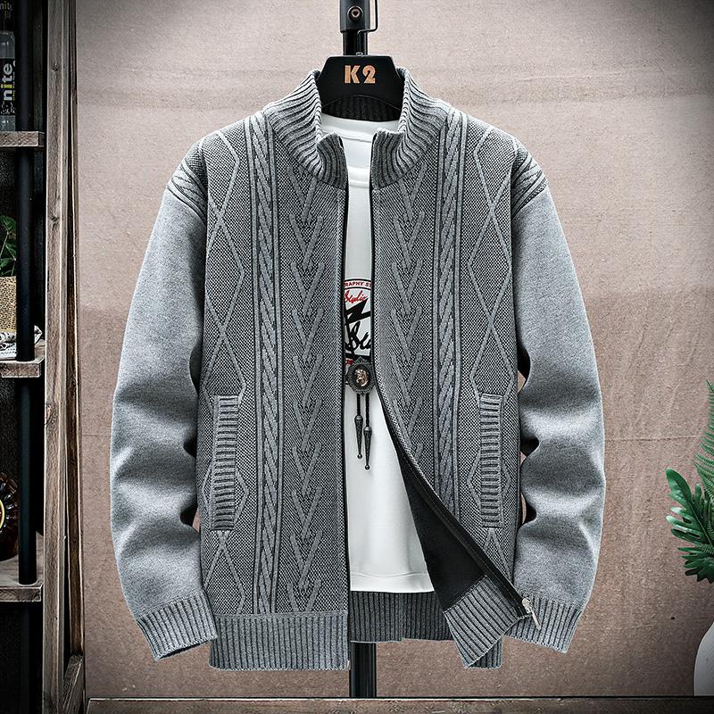 Fashion Mens Zip Sweaters Fleece-lined Cardigan Casual Men's Knitted Sweater Coat Autumn Winter