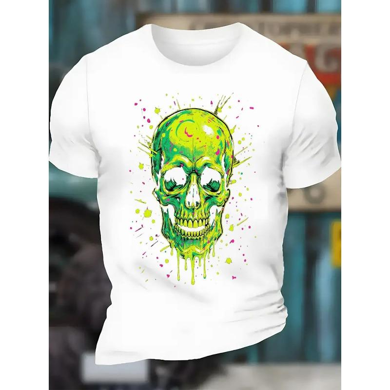 European Sizes Men's Neon Green & Black Skull Print Graphic T-Shirt - Lime Green & Pink Drip Design