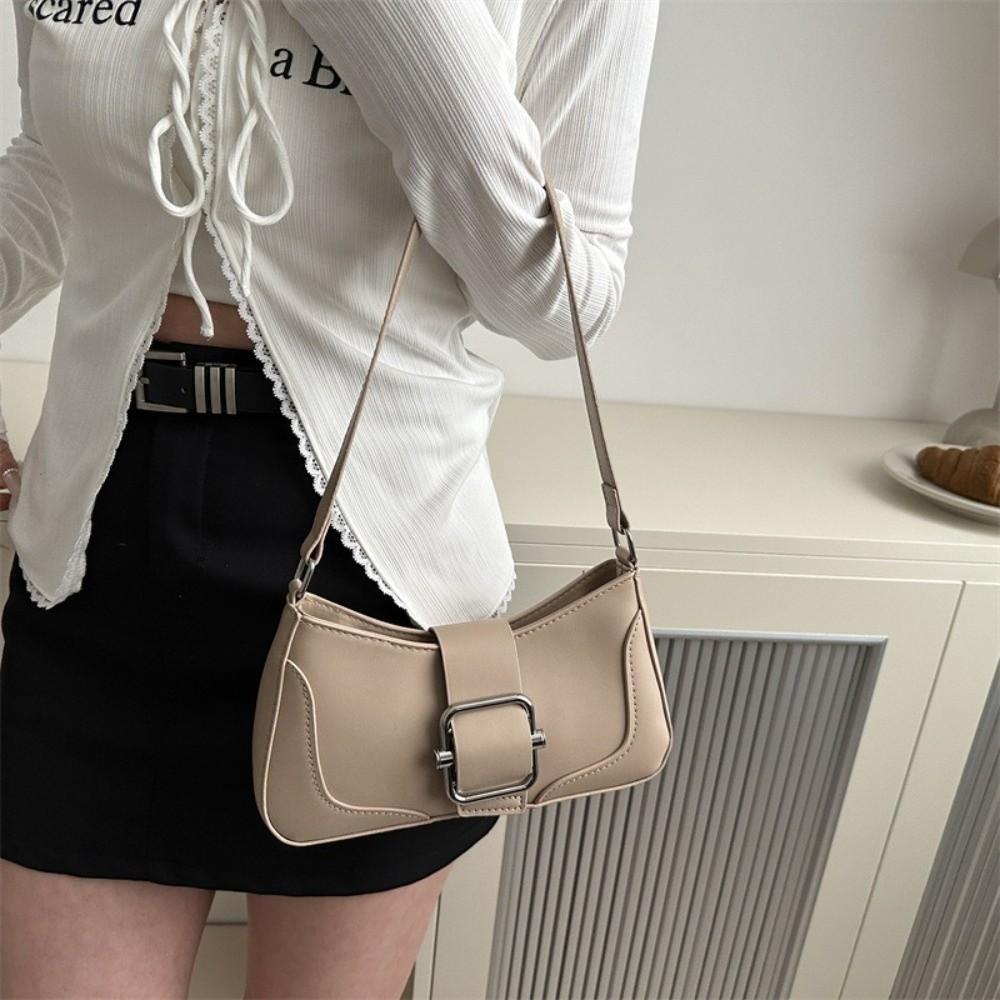 Fashion Vintage Buckle Shoulder Bag Solid Color Y2k Women's Armpit Bag Cuasal Leisure PU Leather Handbag Female