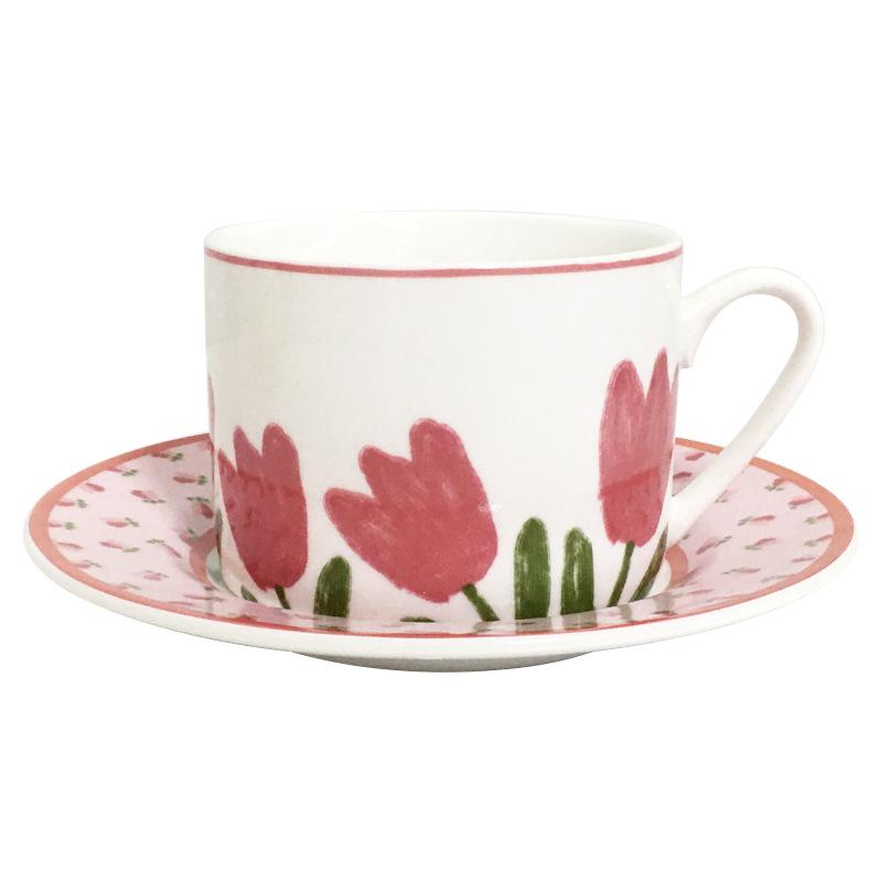 Slow As Old - Pink Tulip Ceramic Coffee Cup And Saucer Set Korean French Afternoon Tea Premium Cup
