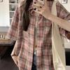 Pink Checkered Women's Shirt Turn Down Collar Chest Pocket Short Sleeved Blouse Korean Style Summer New Version Loose Casual Female's Top