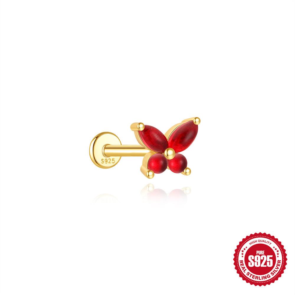 S925 Sterling Silver Green Fresh Retro Red Color Flat Head Stud Earrings Round Personality Versatile Earbone Stud Puncture