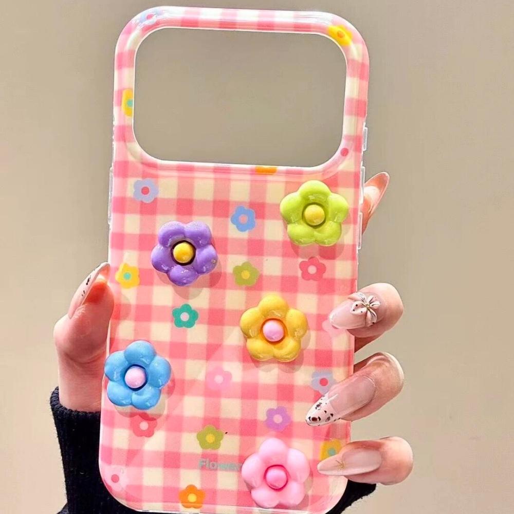 Милый Розовый Клетчатый 3D Чехол с Цветными Цветами для iPhone 17 Pro Max Креативный Чехол для Телефона в Девичьем Стиле iPhone 15