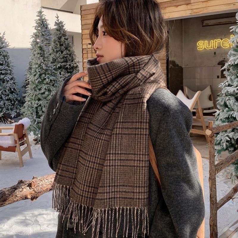 Coffee wool scarf women's new autumn and winter plaid cashmere couple scarf men