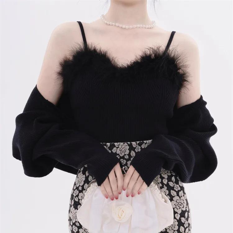 Two- Piece Sweaters Women Korean Fashion Long Sleeve Knitted Cardigan Woman + Fluff Camisole Sweet Camisole Female  C-036