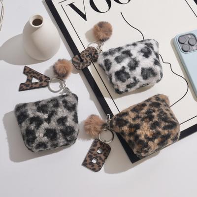 Cute Girl Leopard Print Coin Purse  New Fashon Money Earphone Coin Key Bag Creative Plush Letter Pendant Keychain