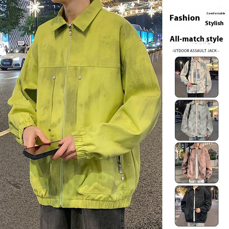 Cozy Up Tie-dye Multi-pocket Lapel Jacket Large Size Loose Casual Men's Thin Coat