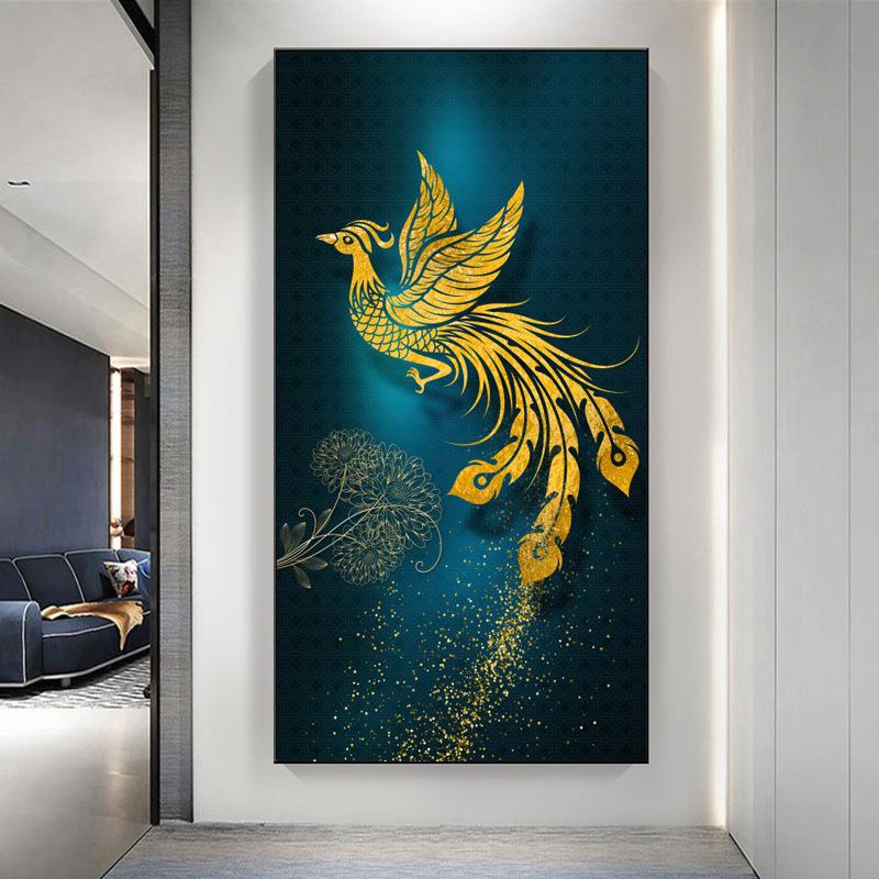 New Chinese Style Light Luxury Peacock Phoenix Canvas Painting Wall Art Abstract Golden Animal Posters for Porch Room Wall Decor