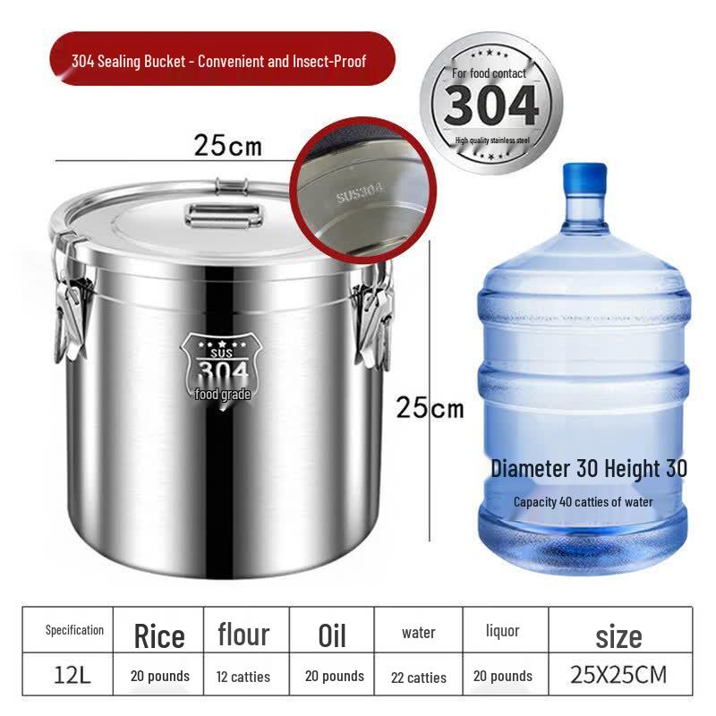 JPHZNB 12L Food-Grade 304 Stainless Steel Sealed Storage Bucket