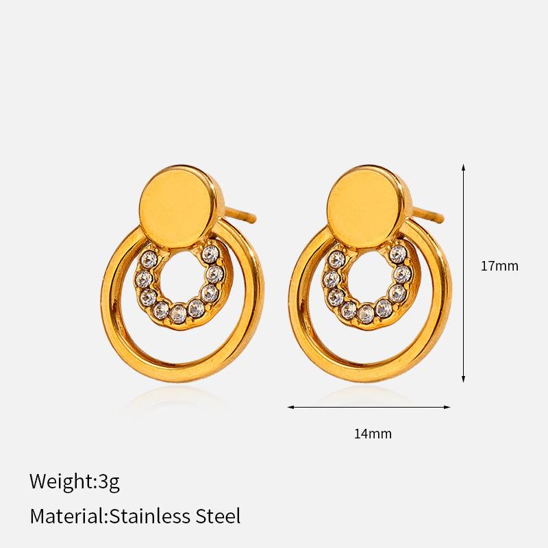 Gold titanium steel diamond-encrusted earrings, European and American light luxury high-end sense circle stainless steel studs, non-fading earrings