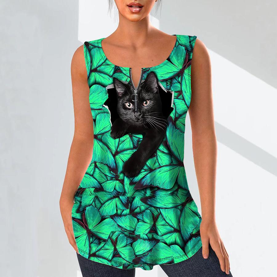 Women's Fashion V Neck Shirts Casual Tops T-shirt Ladies 3D Black Cat Print Vest Plus Size Sleeveless Blouse Tank Tops
