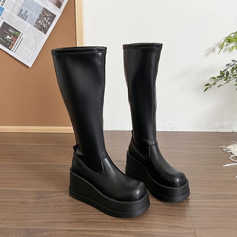 Punk Stil Plateau Keilabsatz Damen Kniehohe Stiefel Mode Slip On Höhenerhöhung Weibliche Ritter Stiefeletten