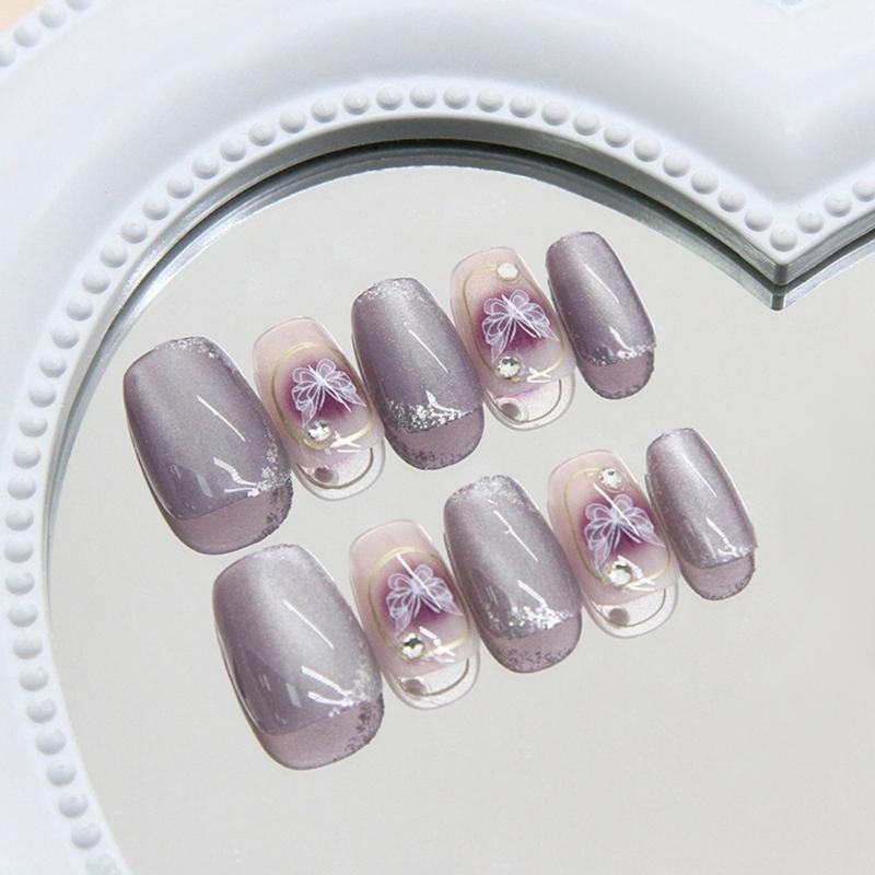 Square Press On Nail Cats Eye Fake Nail Butterfly Design Full Cover Glues On Nail Glossy Acrylic Nail Artificial Nail