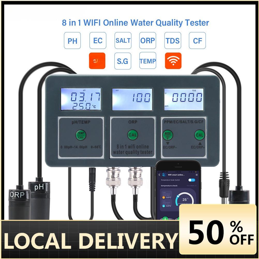 

WIFI Детектор воды 8 в 1 PH/ОВП/ЭП/Соль/Темп/CF/S.G./TDS Метр, Регистратор данных через приложение Tuya, Высокоточный тестер воды для пруда с рыбами, аквариумов, бассейна UK 220V
