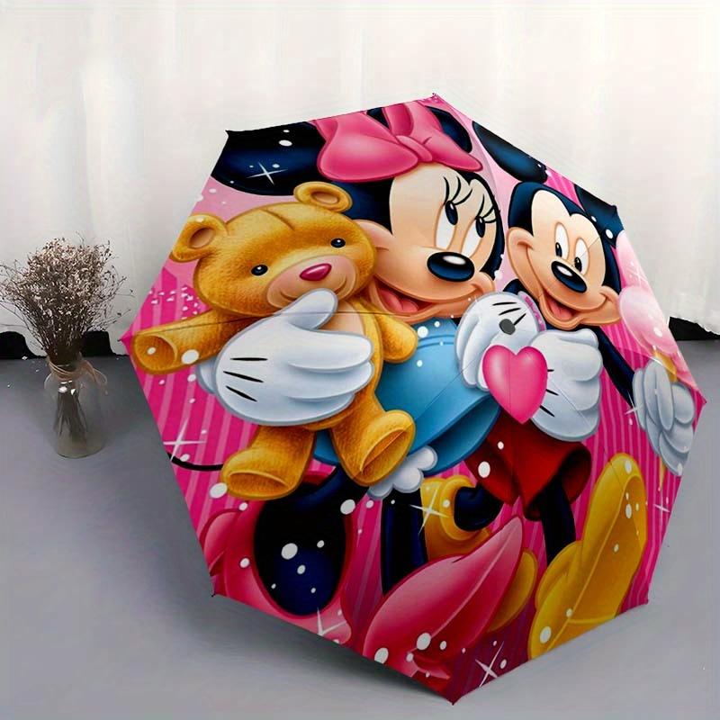 Disney Mickey Mouse and Minnie Automatic Open/Close Umbrella - Cute Umbrella with Cute Design, Portable 3-Fold Compact Umbrella