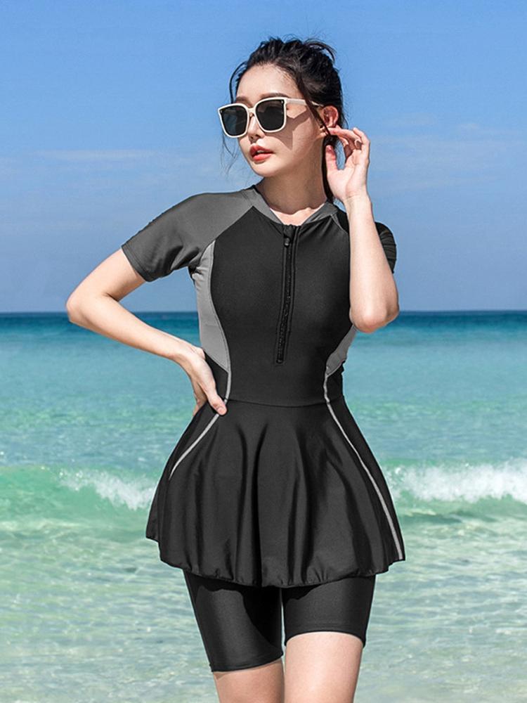 Tunika geteilte Badebekleidung Damen Zweiteilig Sommer Kurzarm Badeanzug Urlaub Strandbekleidung dezent Badeanzug Reißverschluss Surferanzug