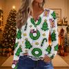 Women's Casual Christmas Print V-Neck Long Sleeve T-Shirt with Decorative Buttons for Holiday Parties