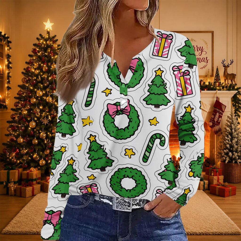Women's Casual Christmas Print V-Neck Long Sleeve T-Shirt with Decorative Buttons for Holiday Parties