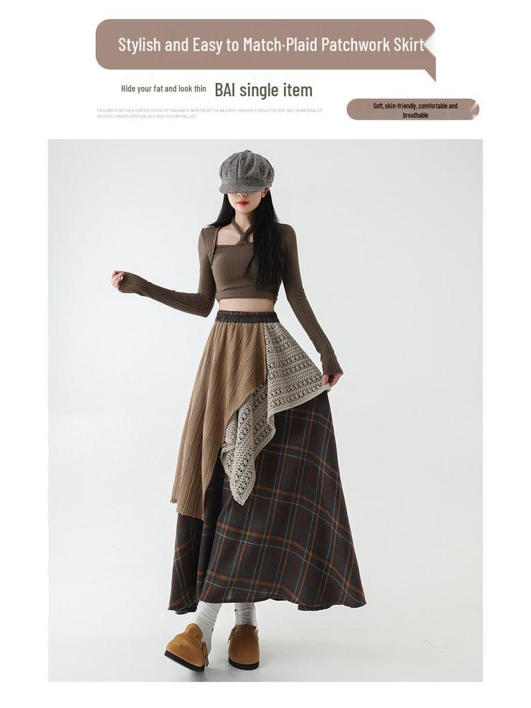 Women's High-Waisted Retro Plaid Lace Patchwork A-Line Skirt with Irregular Hem