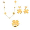 Oumeka 18k Gold-Plated Stainless Steel Jewelry Set: Heart & Four-Leaf Clover Earrings, Ring, and Necklace.