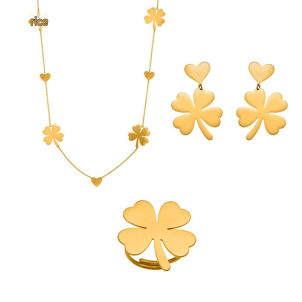 Oumeka 18k Gold-Plated Stainless Steel Jewelry Set: Heart & Four-Leaf Clover Earrings, Ring, and Necklace.