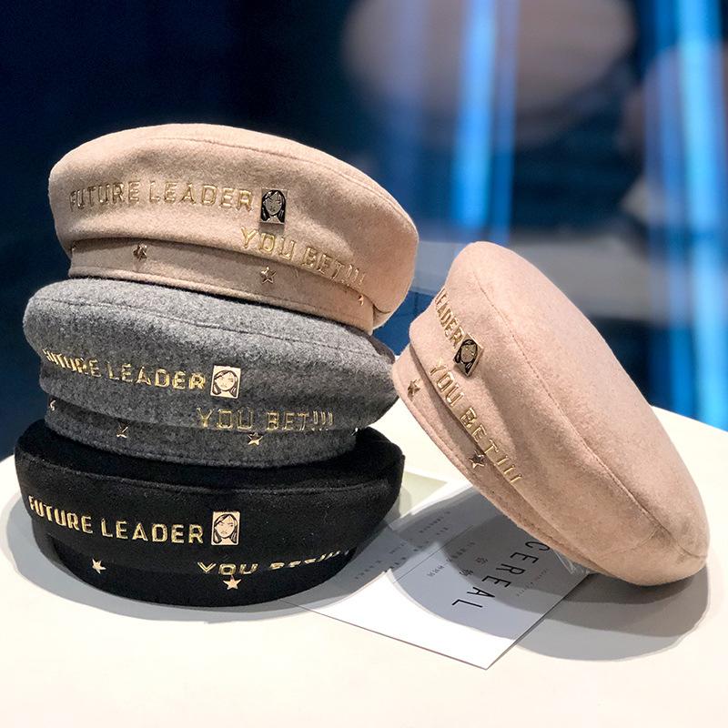 Golden Letter Rivet Decoration Woolen Beret Women Autumn and Winter British Retro Painter Hat Ladies Bud Hat