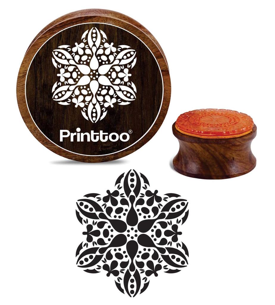 Printtoo Round Wooden Rubber Stamp Floral Mandala Pattern Crafting Stamps-2