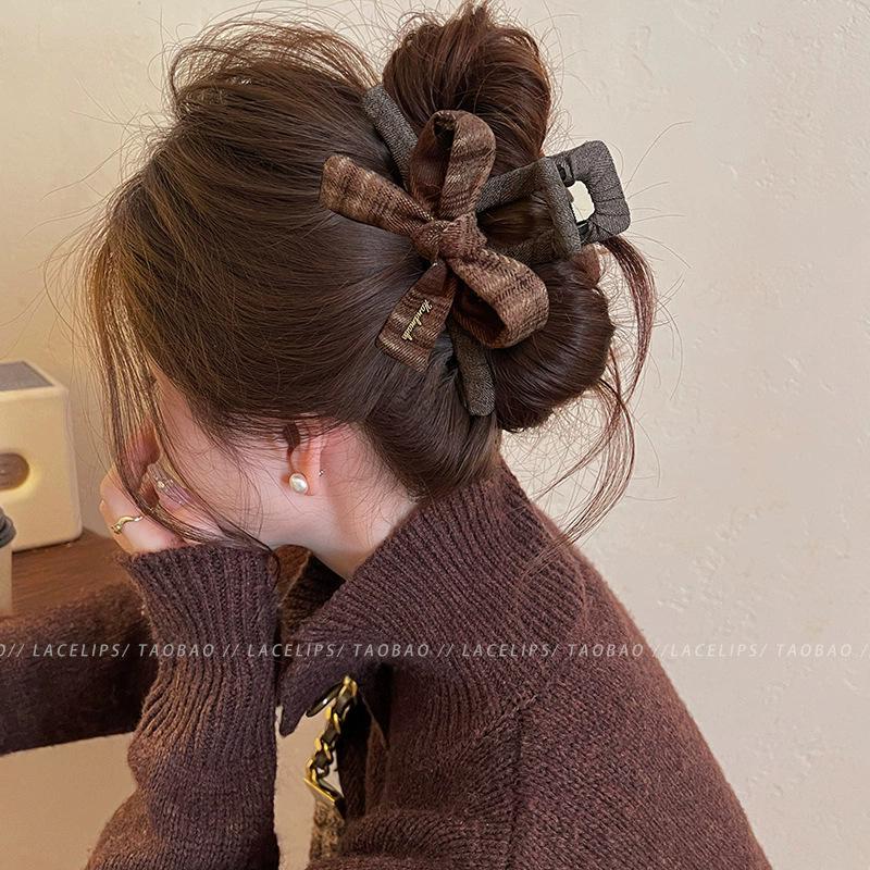 Клетчатая заколка-зажим для волос с бантом, женская новая большая круглая заколка-краб для волос, заколка для затылка, волосы