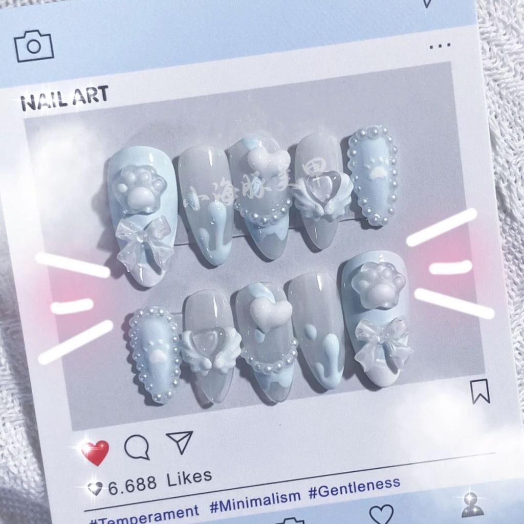 Blue Cute Sweet and Cool Cat Claw Artificial Nail Sticker Handmade False Nail Wearable Patch Detachable Finished Product