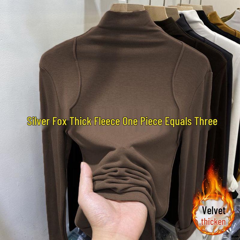 Cămașă de damă cu gât înalt, cu mâneci lungi, slim-fit, stil european, cu căptușeală din catifea germană periată pentru toamnă și iarnă