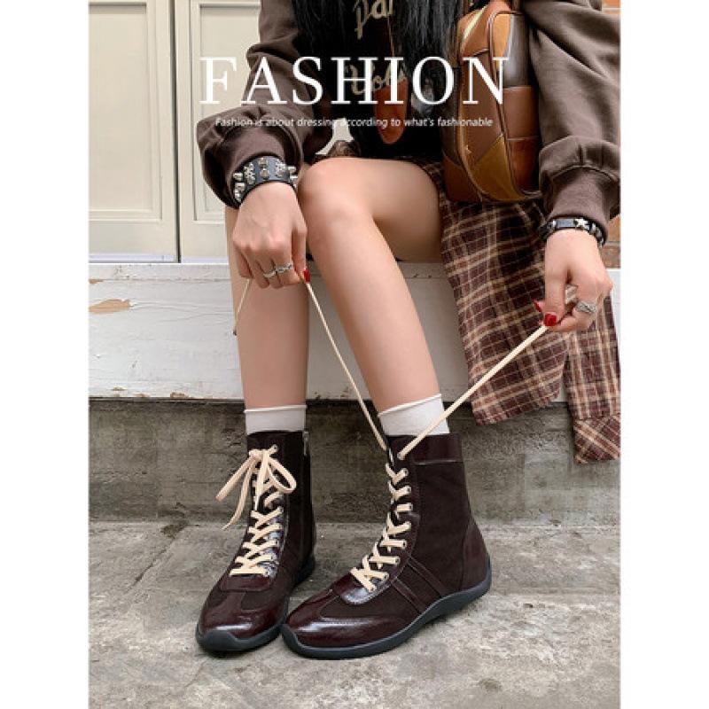 Autumn and Winter New Casual Retro Versatile Inner Height Increase Martin Boots Round Head Lace-up Sports Short Boots Boxing Boots Women's Boots