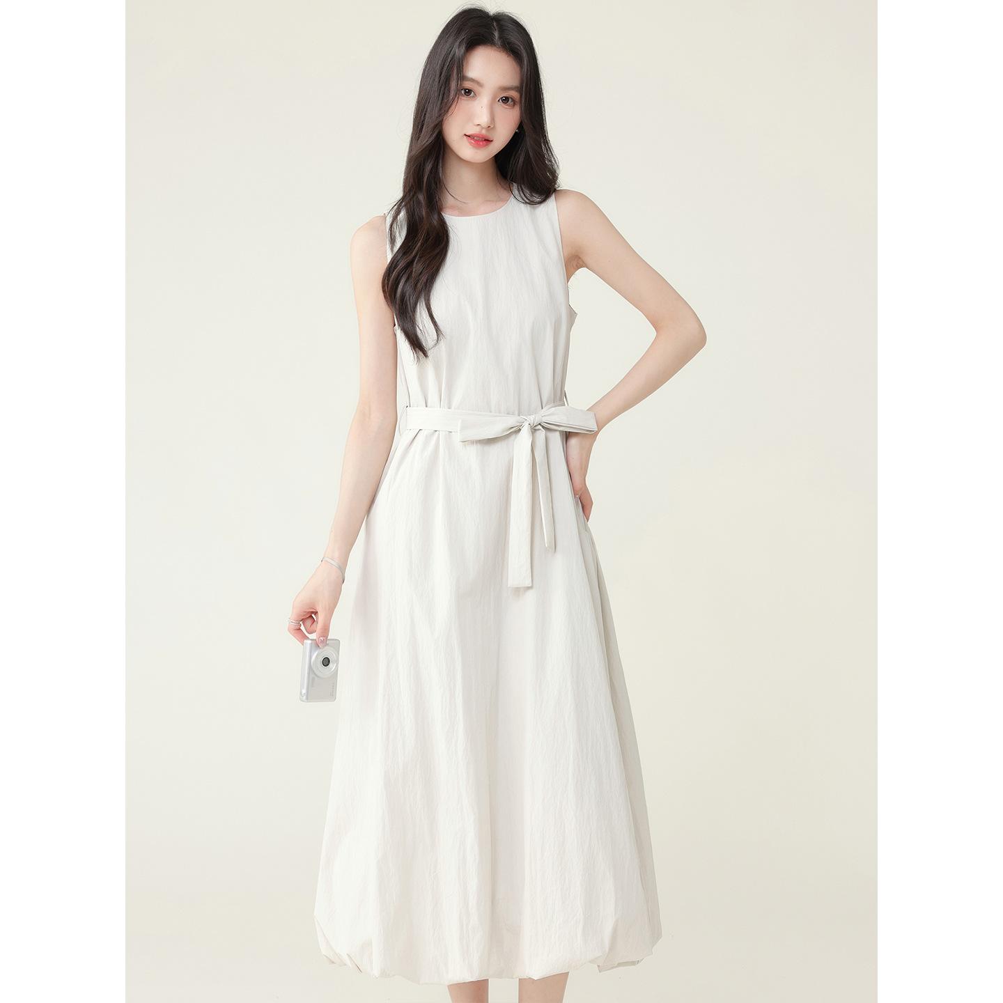 

Летний темперамент холодное ощущение кружевная шнуровка на талии жилет юбка без рукавов платье-фонарик S