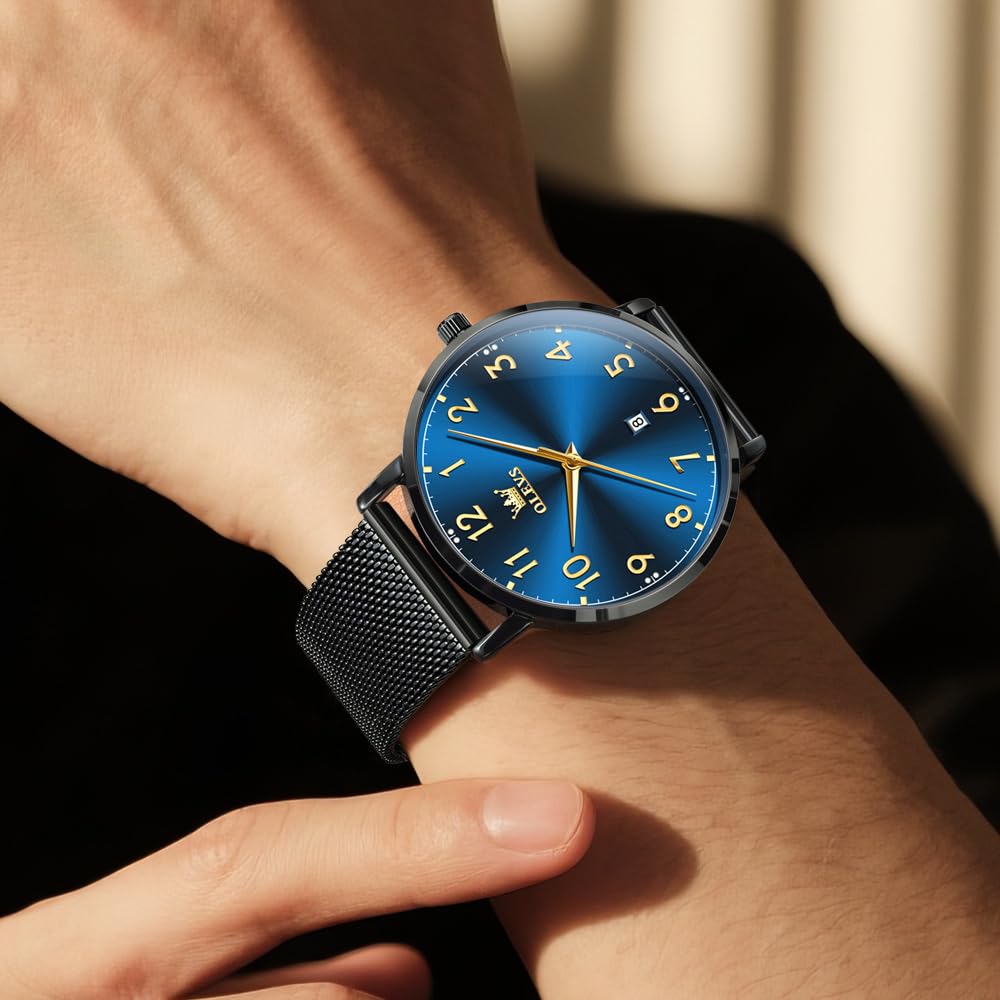 OLEVS Business Casual Watch with Roman Alphabet Waterproof and Luminous Black Leather Strap and Mesh Analog Quartz Date Perfect Gift for Men Men's