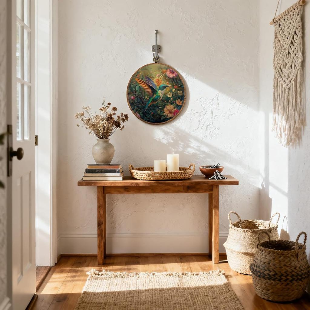 DEQSX Vintage Floral Hummingbird Round Wall Art, Rustic Nature Cottagecore Flower Botanical Bird Wall Decor Canvas Prints Posters for Home Bedroom