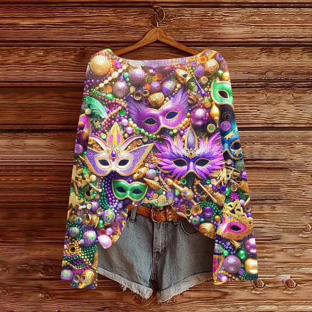 Women's Fashion Round Neck Long Sleeve Print Casual Pullover Sweater Top