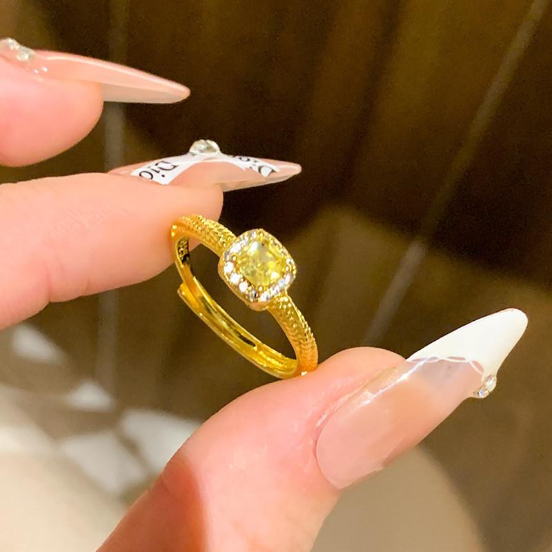 Real gold electroplated zircon square open ring French retro niche temperament index finger ring light luxury jewelry