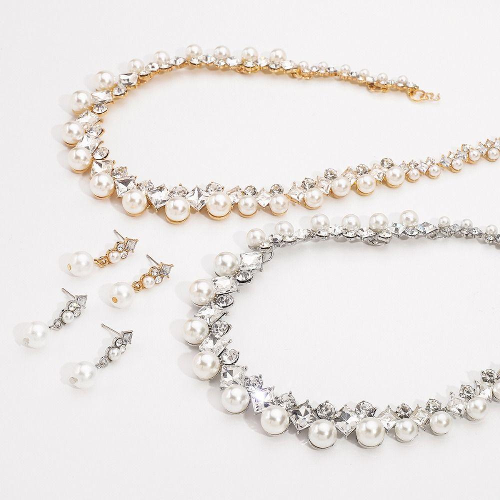 Sparkling Pearl Jewelry Set Elegant Pearl Dangle Earrings Fashion Rhinestone Choker  Party