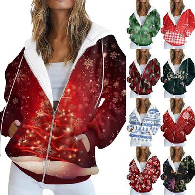 Women's Fashion Casual Christmas Print Long Sleeve Sweatshirt Pocket Jacket Zipper Hoodie Coat