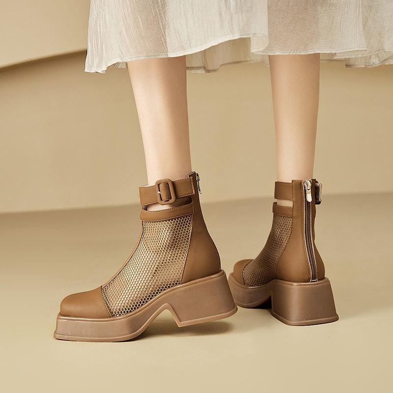 

Pointed leather mesh hollow cool boots for women s summer new thick heel Martin boots versatile thick-soled short boots for women 40 хаки