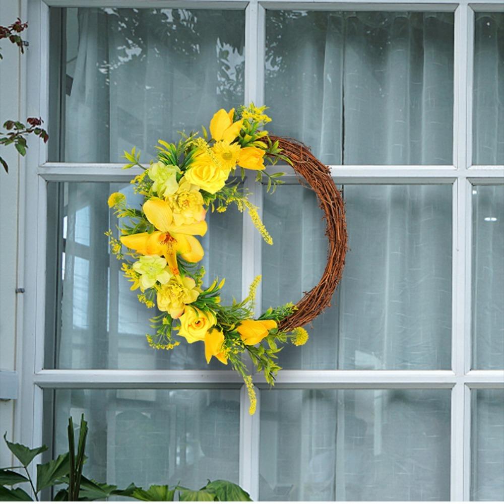 

Plastic Flowers Rose Wreath Yellow Rose Rattan Circle Gift Door Hanging Wreath Courtyard