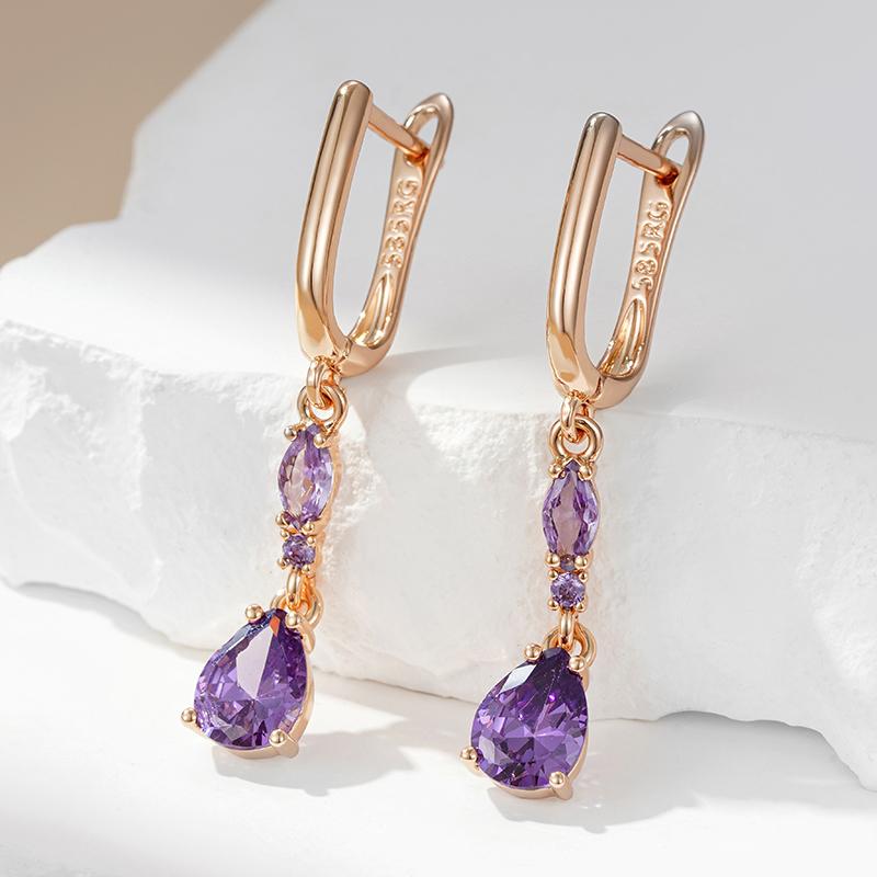 Shiny Purple Natural Zircon Drop Earrings For Women Trend  Rose Gold Color Bride Wedding Fine Jewelry Crystal Gift