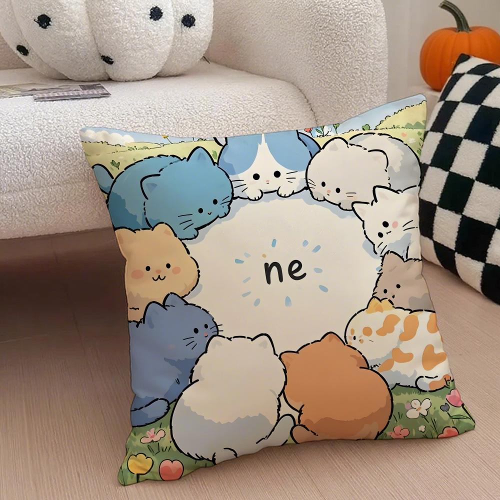Cartoon Cute Cat Picture For Wake Up Cushion Cover Throw Pillow Cover Hidden Button Durable Polyester Chair Cushion