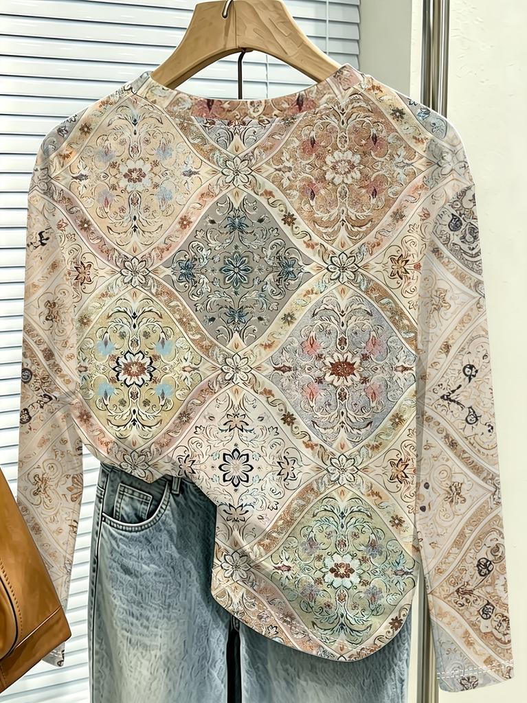 Women T‑Shirt Long Sleeve 3D Vintage Boho Tile Pattern Print Tees Casual Street Female Wear Daily O‑Neck Top Women's Clothes